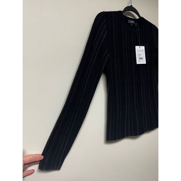 NWT - THEORY Slim Crew Pullover Sweater Black Eggshell Prosecco, Sz S - Picture 3 of 8